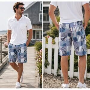 Red Snap Patchwork Cotton Shorts Blue Madras Coastal Grandpa Beach Men Size 36